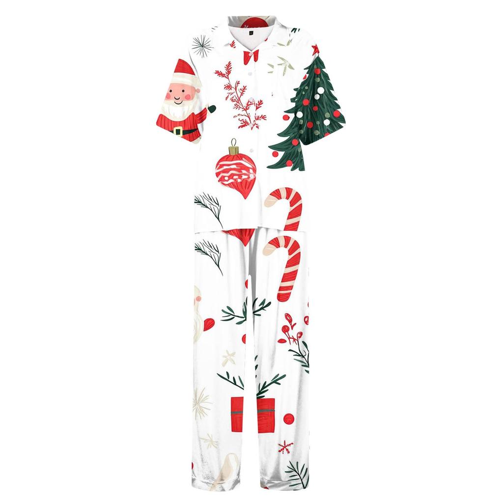 Женский рождественский пижамный комплект с принтом, женские короткие рукава, длинные брюки, комплект из двух предметов, застегивающийся на пуговицы, домашняя одежда