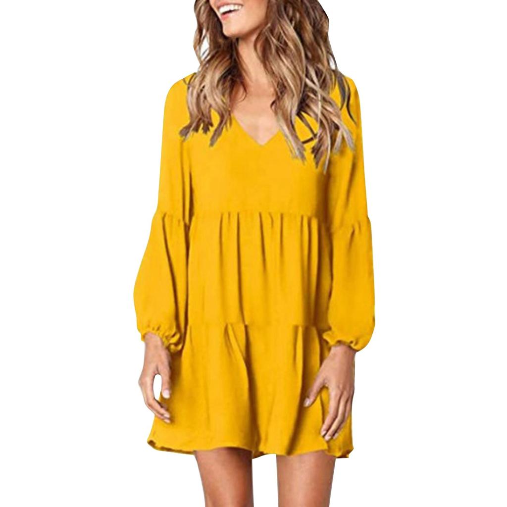 Женская мода с v-образным вырезом, свободные плиссированные качели, однотонные повседневные шифоновые платья