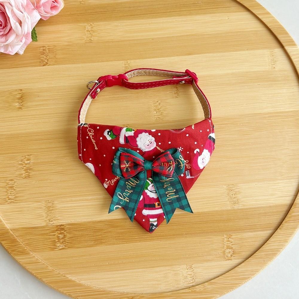 Adjustable Strap Plaid Bowknot Collar Red Green Cat Saliva Towel Winter Gathering