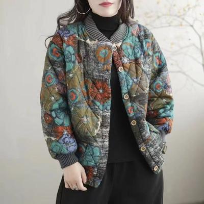 Женская зимняя свободная бейсбольная куртка с цветочным принтом, на подкладке, утолщенная теплая хлопковая куртка в стиле ретро