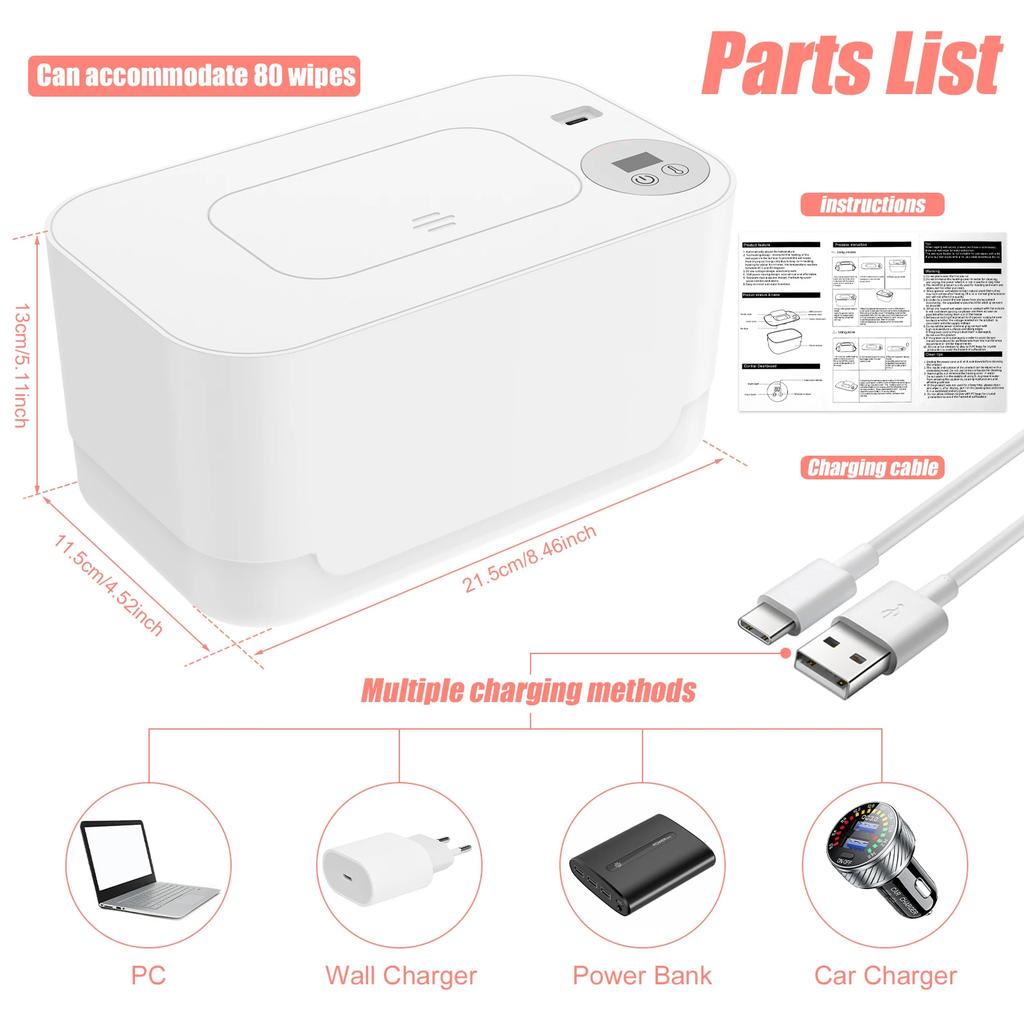 USB-подогреватель детских салфеток со светодиодной подсветкой Влажные салфетки сохраняют тепло Коробка для хранения салфеток Регулируемая температура подогрева Портативный диспенсер для подгузников