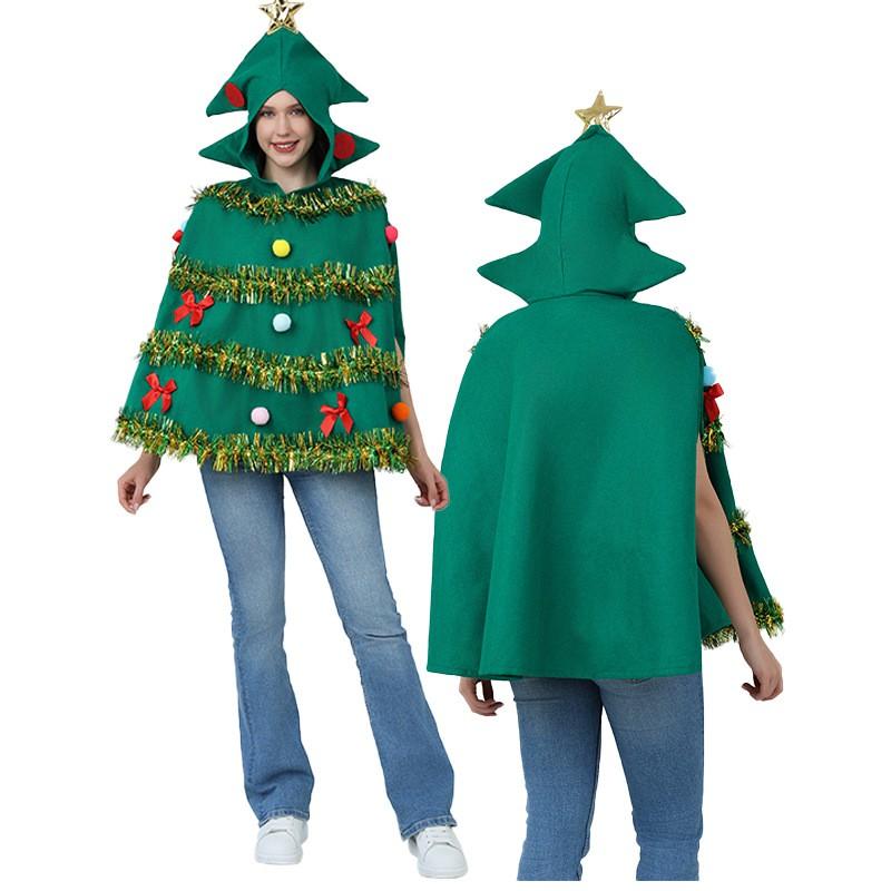 Fantasy Christmas Tree Costume Women Men Unisex Hooded Cape Dress Holiday Party Cosplay Outfit