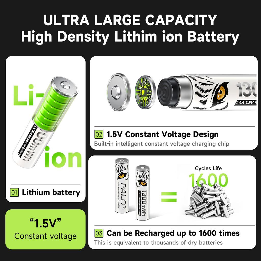 PALO 1.5V AAA 1300мВтч Аккумулятор литиевые батарейки ААА для мыши, игрушки, пульта дистанционного управления, микрофона + быстрая зарядка TYPE-C