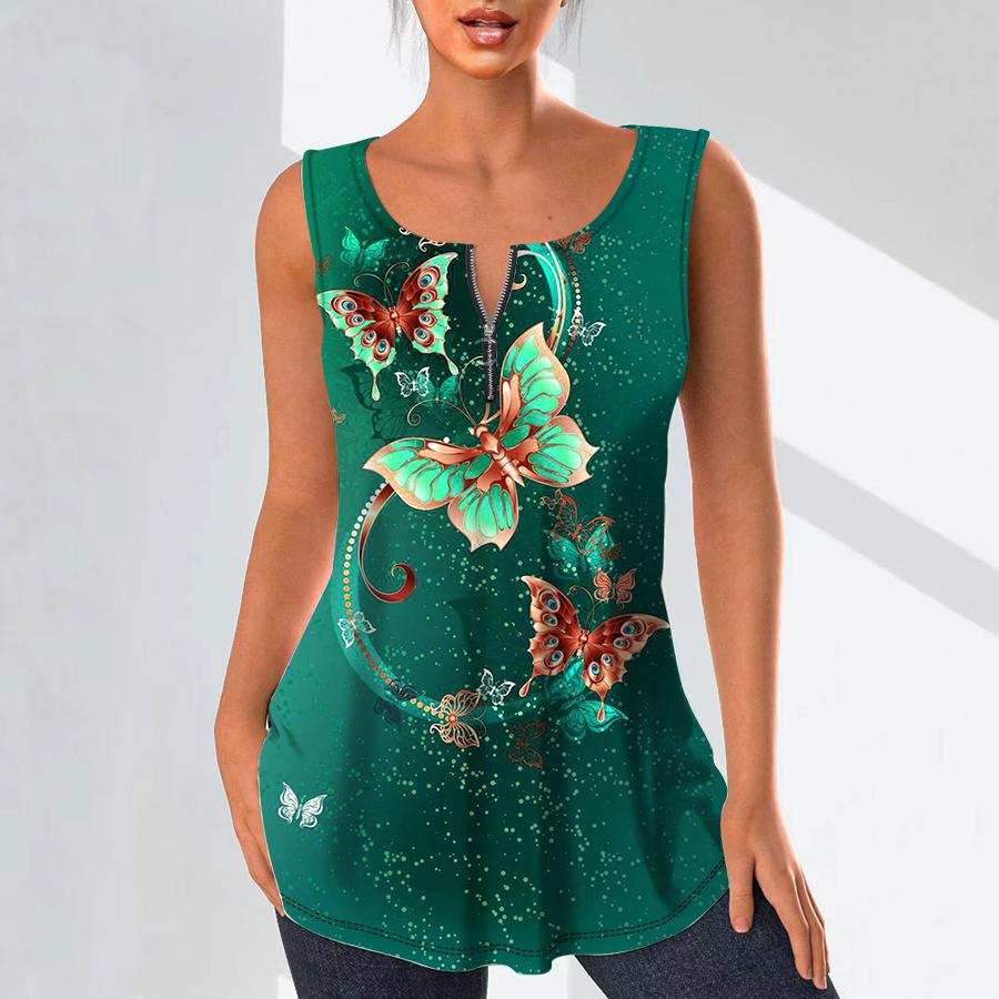 Women's Fashion V Neck Shirts Casual Tops T-shirt Ladies 3D Flying Butterfly Print Vest Plus Size Sleeveless Blouse Tank Tops