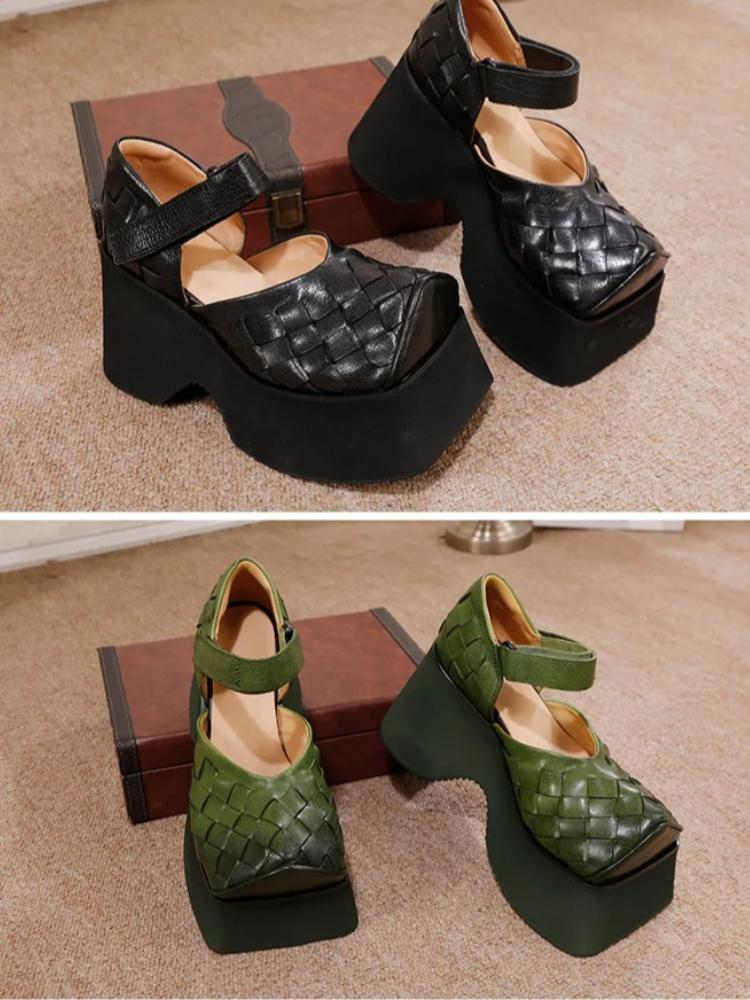 Johnature Женские босоножки на танкетке 10 см, плетеные из коровьей кожи, с толстой подошвой, ретро, из натуральной кожи