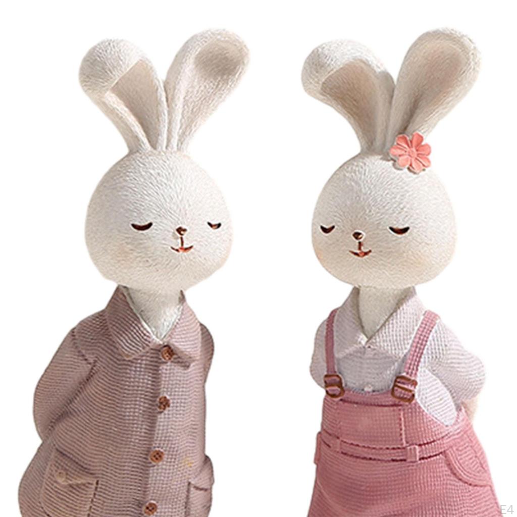 2 Pieces Easter Couple Bunny Figurines Ornament Decor Resin Rabbit Statue