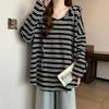 Spring and Autumn Large Size Fat M Loose and Simple Versatile Striped Hooded Pullover Long Sleeve Shirt Age Reduction Top