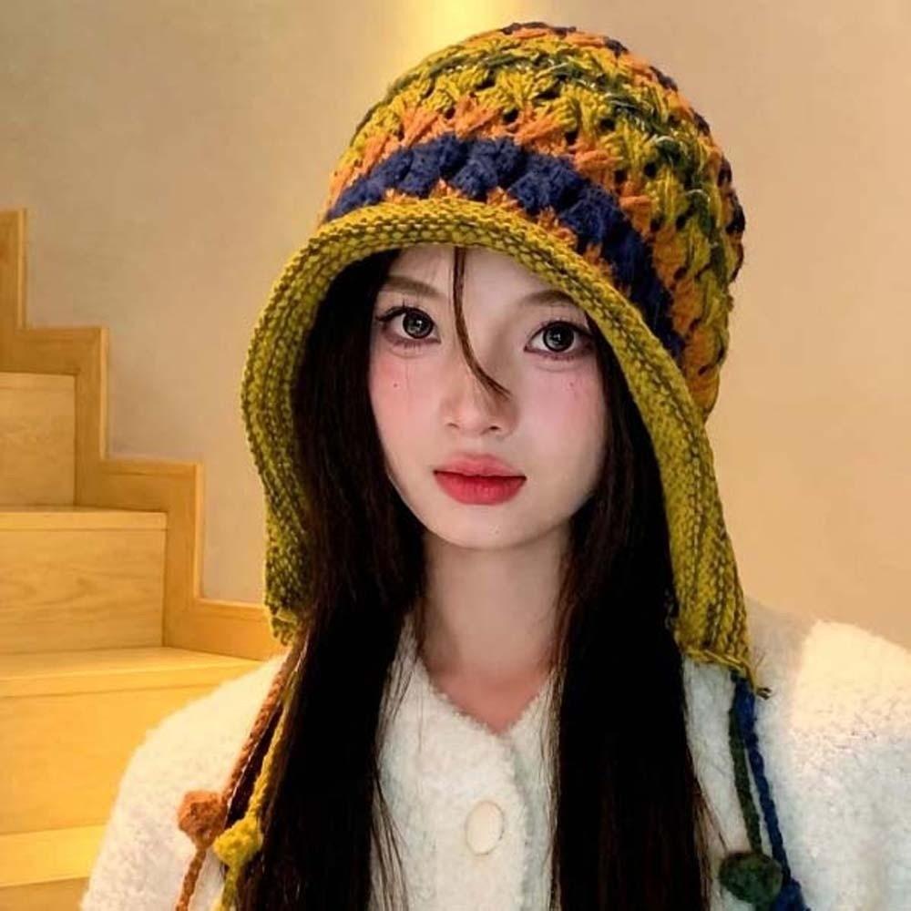 Knitted Fabric Crochet Beanie Hat Contrast Color Winter Warm Skullies Winter Travel