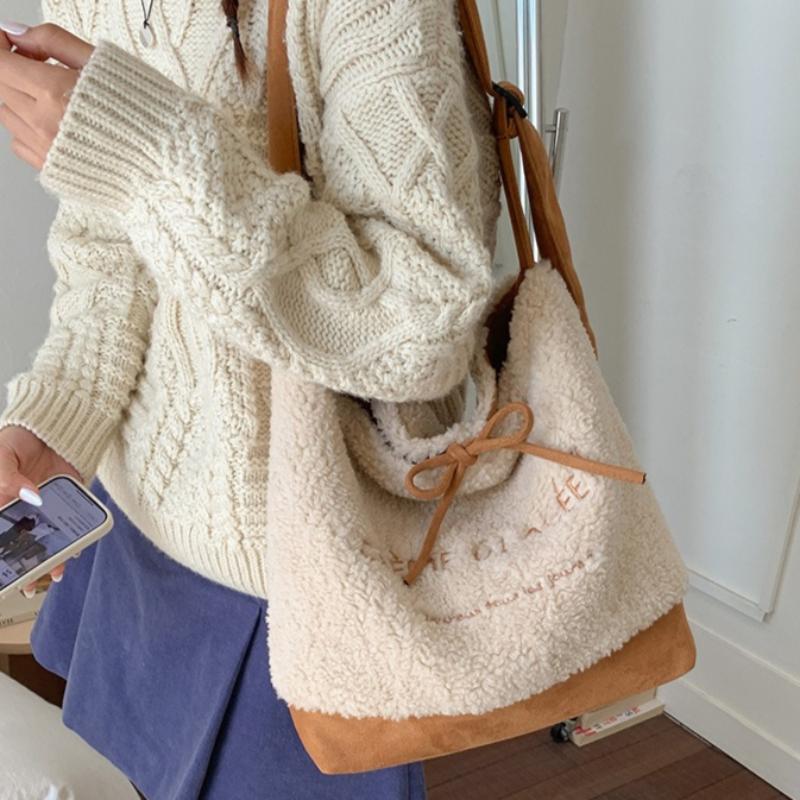 Fashion Faux Suede Women's Plush Shoulder Bags Winter Letter Female Large Crossbody Bag Double Sided Casual Tote Travel Handbags