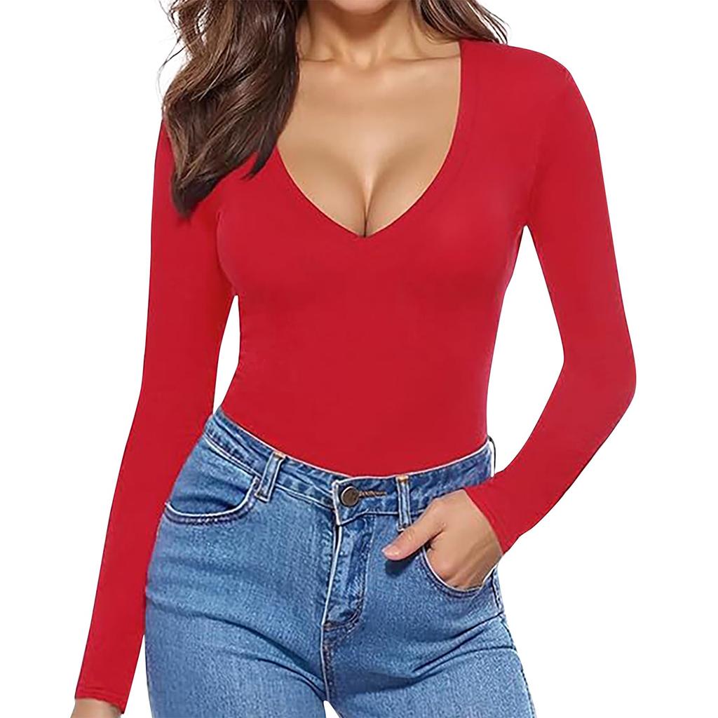 Женская модная повседневная футболка с глубоким V-образным вырезом и длинным рукавом, однотонная
