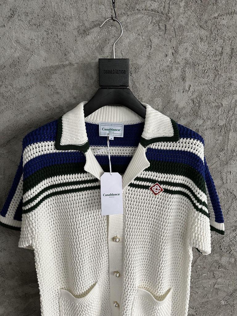 В наличии СВЕТЛО-СИНИЙ полосатый кардиган-свитер ручной вязки из чистого хлопка CASABLANCA