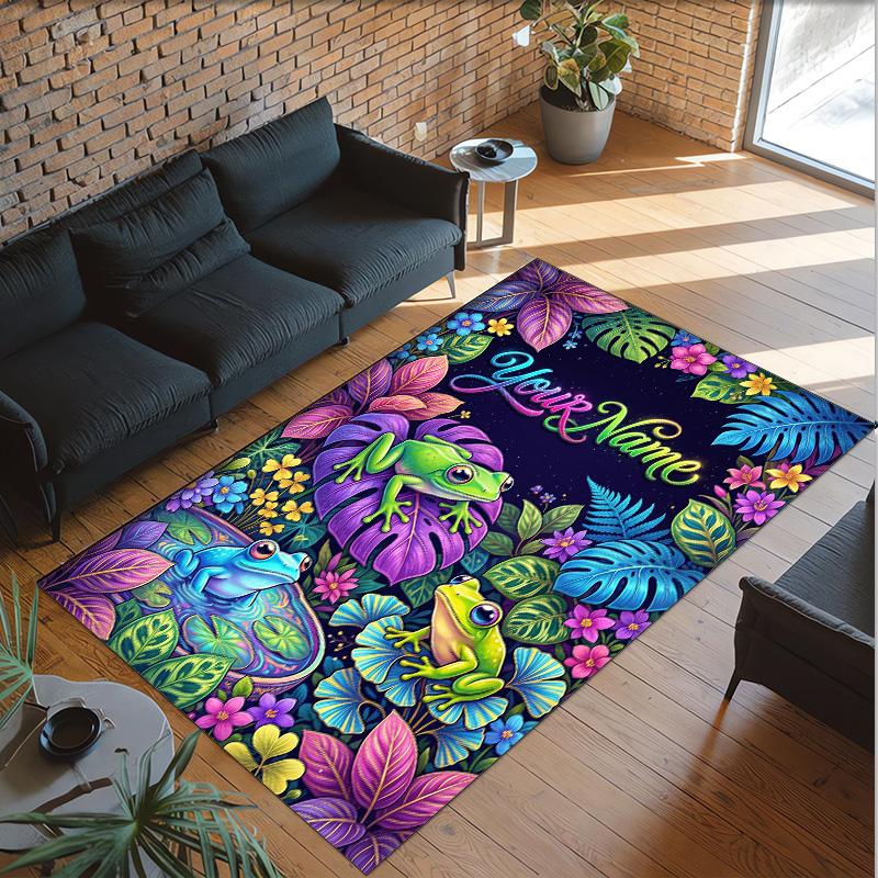 Frog Theme Crystal Velvet Floor Rug Personalized Custom Name Text Warm Carpet Home Decoration