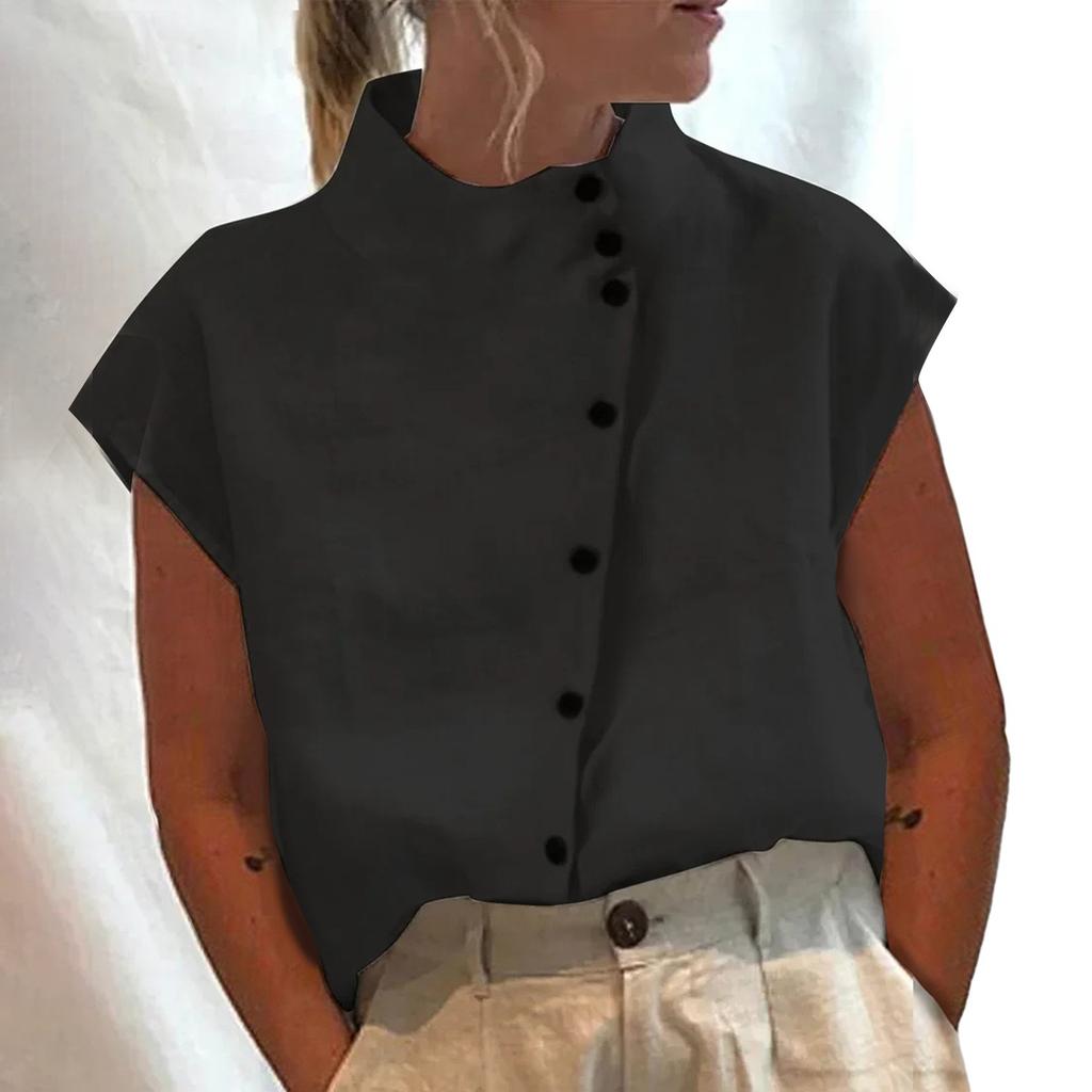 Women's Casual Solid Color Cotton Linen Standing Collar Button Short Sleeved Shirt