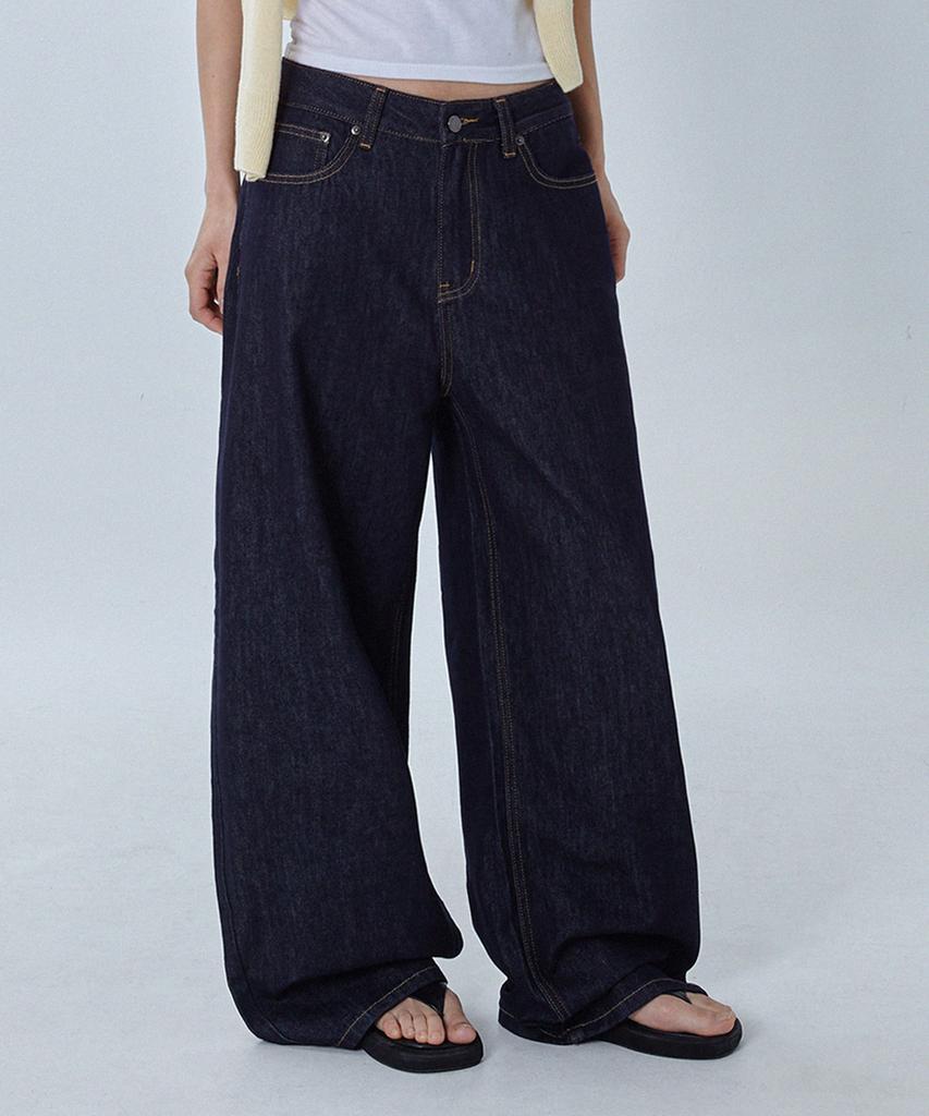 Millieonkoleu [Летняя ткань] Летние невыцветающие темно-синие свободные широкие джинсовые брюки