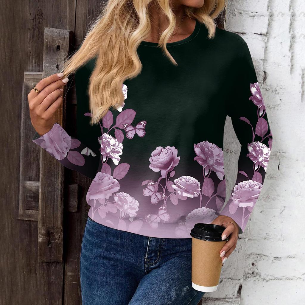 Women's Fashionable Casual Long Sleeved Printed Off Shoulder Round Neck Top