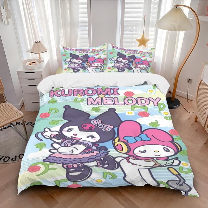 3pcs Musical Adventure Kuromi & Melody Quilt Set - Soft and Comfortable Bedroom, Guest Room and Dorm Decor Bedding Set 1 Quilt Cover + 2 Pil
