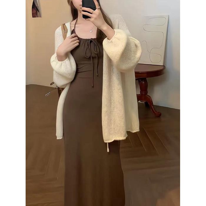 Light gray lace-up neck dress summer sexy pure desire slim-fitting waist version suspender backless long dress