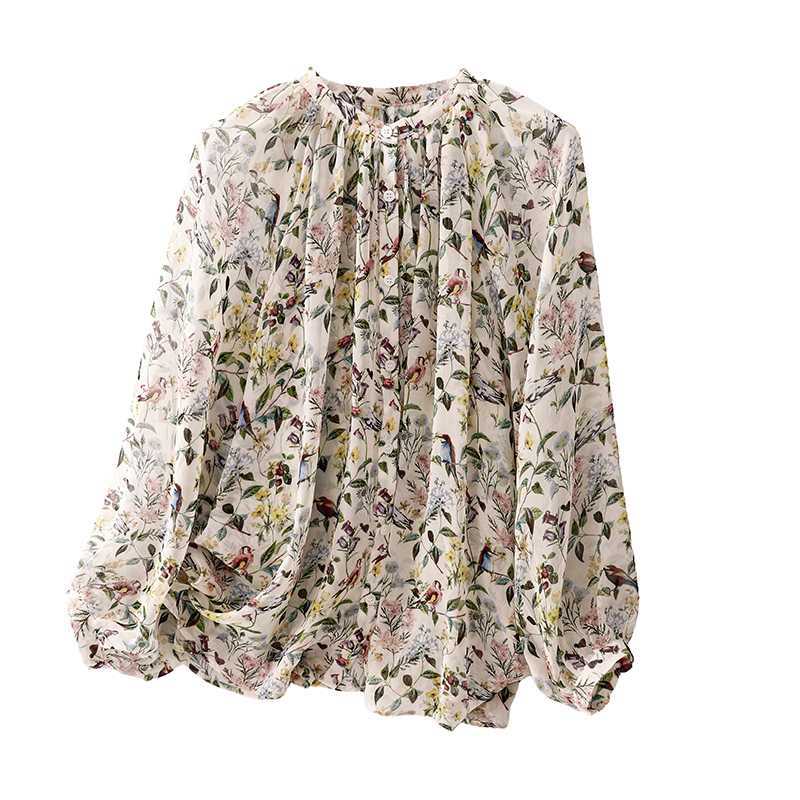 Весна-лето V-образный вырез Цветочная рубашка Женская Дизайн Sense Temperament Длинные рукава Солнцезащитный Топ Блузки Рубашки