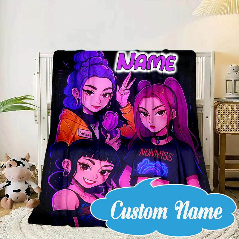 Custom Name KPop Cartoon Blanket bed sofa Blanket Flannel Blanket for Camping, Hiking, Picnic Essentials,gift for Fan family