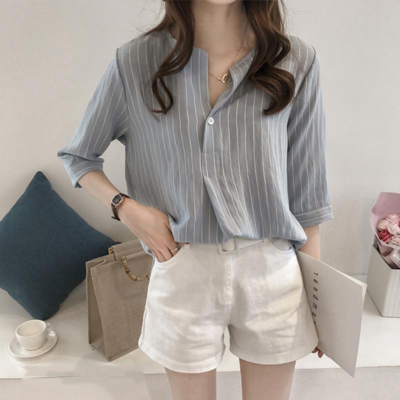 Fashion Large Size Round Neck Striped Shirt Female Seven-minute Sleeve Blouse Loose Casual Shirt Vintage Basic Office Casual Women Shirt