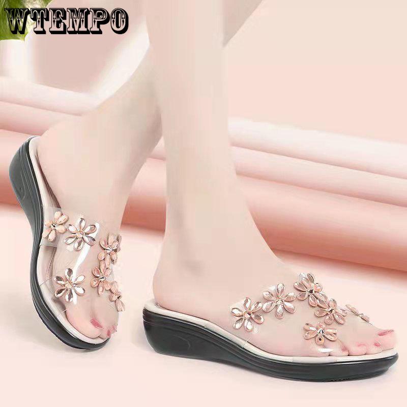 Женские сандалии, летние сандалии для мам, тапочки, нескользящая верхняя одежда, большие размеры, модные верхние тапочки со стразами и мягкой подошвой