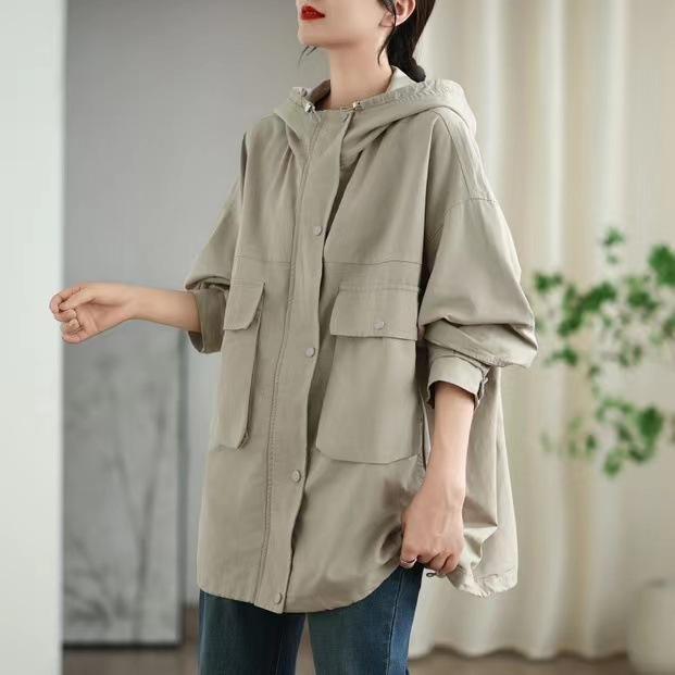 Johnature Woman Autumn Solid Color Hooded Drawstring Long Sleeves Coat Loose Casual Splicing Zipper Coat
