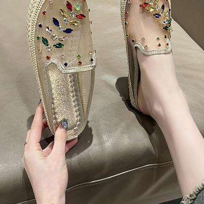 Сетчатая сумка голова сандалии на плоской подошве женская обувь новые цветные бриллианты вышивка без каблука ленивые полушлепанцы рыбацкая обувь летом