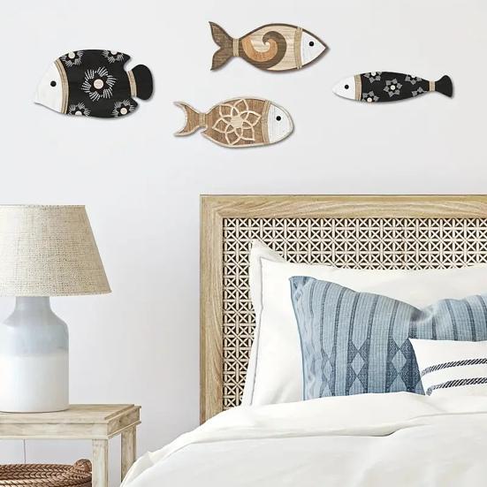 4Pcs/Set Nautical Wooden Fish Wall Decoration Farmhouse Rustic Fish Wall Art Sculpture Home Living Room Bathroom Wall Decorative Sign