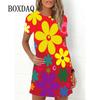 Ladies Spring Summer Dress Rainbow Flowers Print Dress Fashion Elegant Short Sleeve O-Neck Oversized Casual Party Wear Sundress