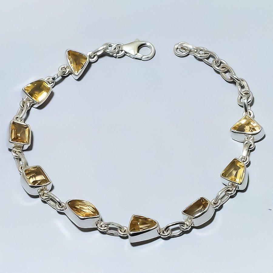Natural Citrine Gemstone Handmade 925 Solid Sterling Silver Bracelet 7-8" E0c27