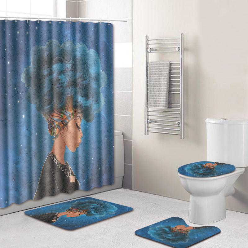 African Woman Digital Printing Creative Shower Curtain Floor Mat Set Bathroom Carpet