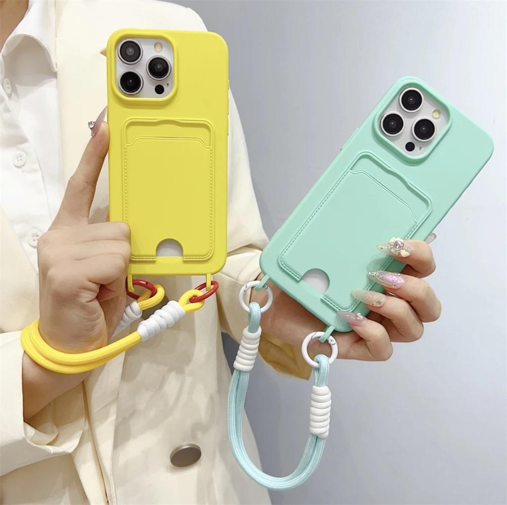 Роскошный жидкий мягкий силиконовый чехол для телефона iPhone 16 15 14 13 12 11 Pro Max кошелек держатель для карт шнурок противоударный чехол
