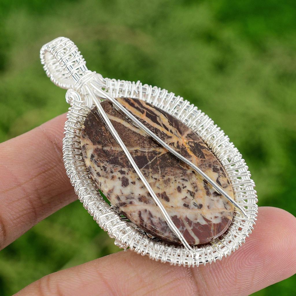 Серебро 925 пробы Натуральный кокосовый яшма Безель День рождения Плетение проволокой Подвеска