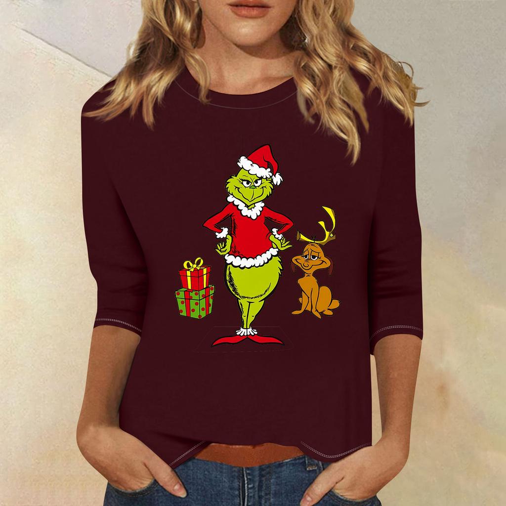 3/4 Sleeve Tops For Women T-Shirt Casual Christmas Print Tops T Shirt Round Neck Pullover Blouse