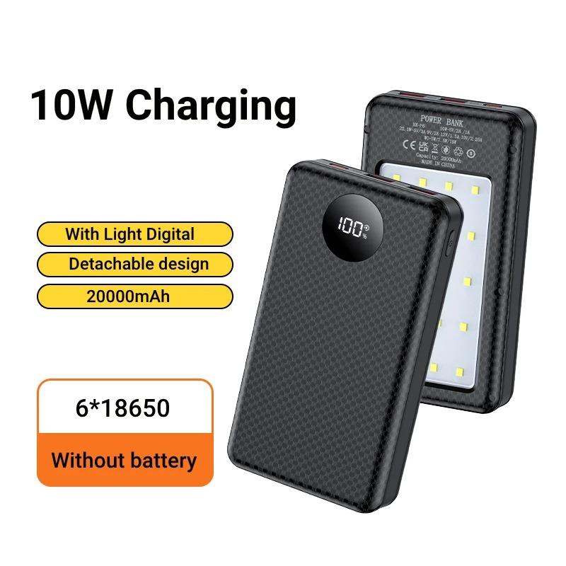 6*18650 внешний аккумуляторный бокс с двумя USB-портами типа C, зарядный чехол с фонарями для кемпинга, 20000 мАч, внешний аккумуляторный футляр для хранения и зарядки
