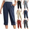 Женские повседневные свободные укороченные брюки из хлопка и льна с эластичной резинкой на талии и карманами