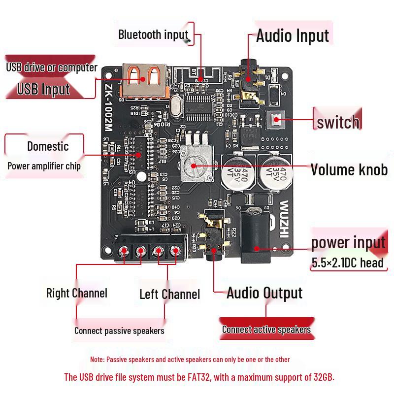 ZK-1002M Цифровая плата усилителя Bluetooth 2.0 Стерео, 100 Вт x 2, Множество входов.