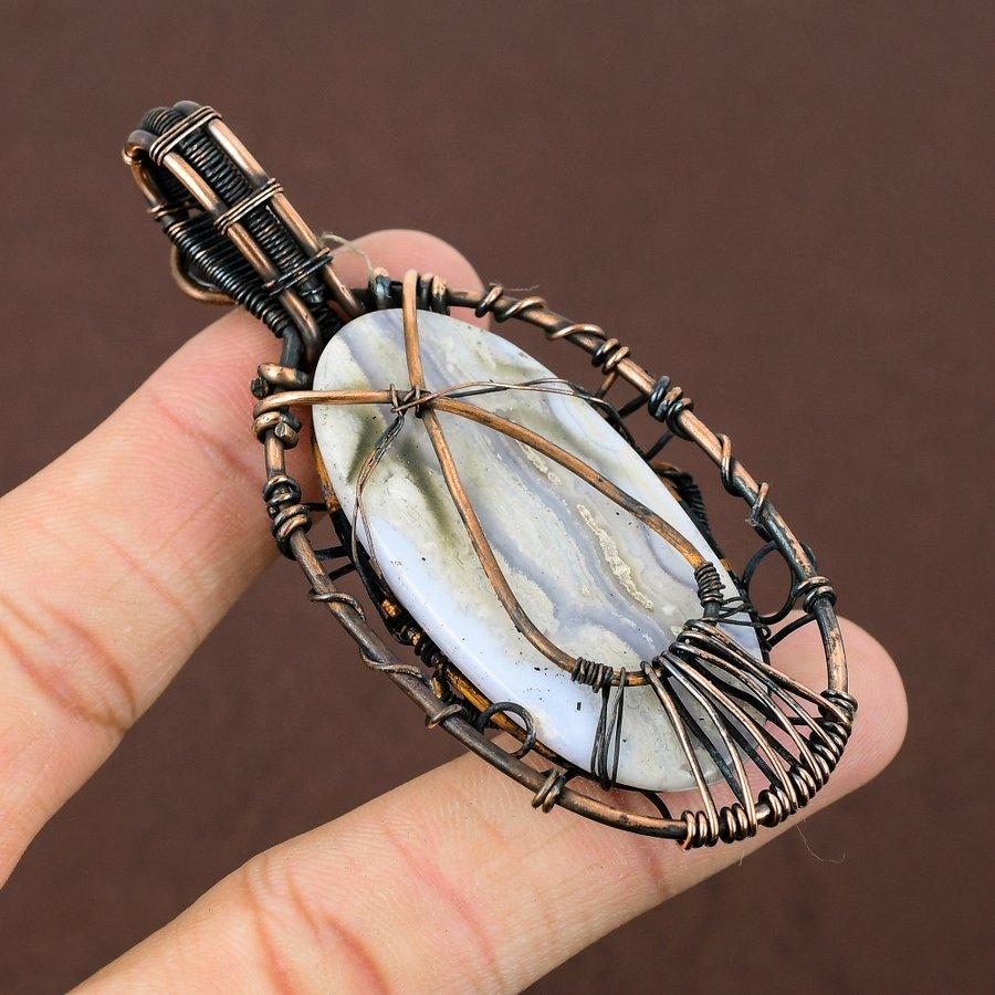 Natural Blue Lace Agate Gemstone Handmade Copper Wire Wrap Pendant 3.07" P9u76