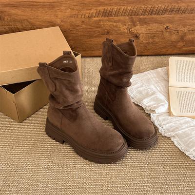 2025 новый ретро темперамент мягкая подошва удобные нишевые толстая подошва маленький человек модное ощущение мятые тонкие ботинки толстый каблук