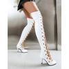 Fashion Summer Rivet Chain Fish Mouth Women Cool Boots Sexy Red High Heel Sandals Dress Party Over Knee Motorcycle Boots Size 34-48