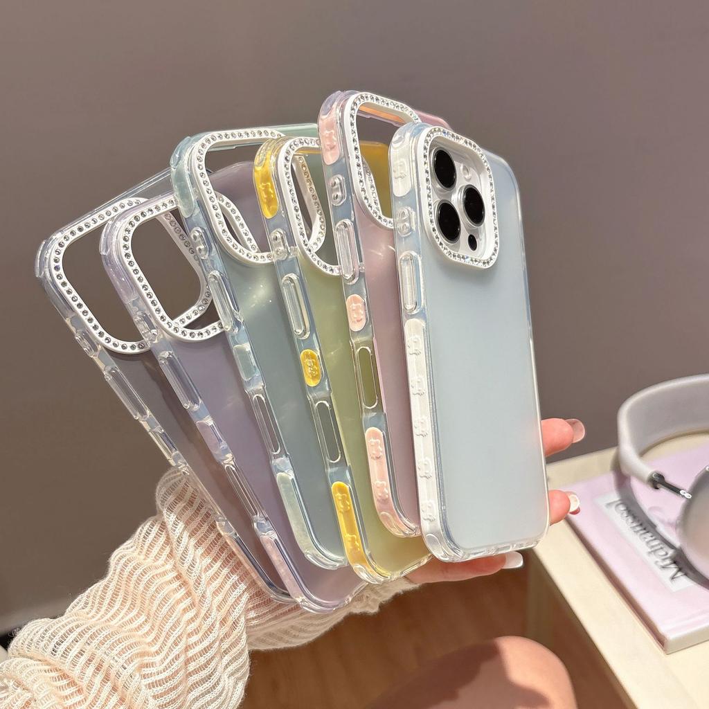 Чехол для мобильного телефона с оправой для линз со стразами подходит для Apple 16PROMAX однотонный 15 тренд большое отверстие 13/14 матовый противоударный
