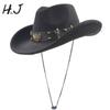 Women Men Wool Hollow Western Cowboy Hat For Gentleman Roll Up Brim Sombrero Cap Dad Hat With Punk Belt Size 57-59CM