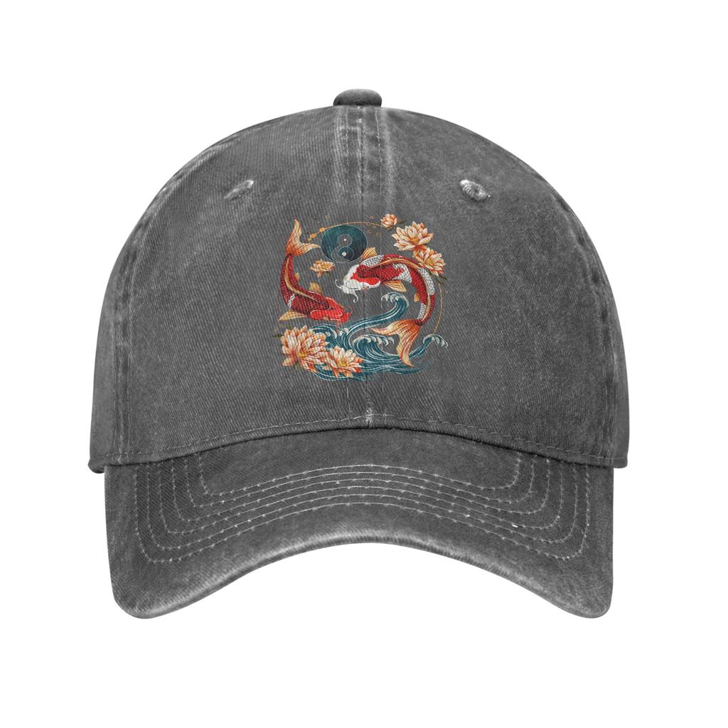 Japanese Koi Fish Lotus Flowers Baseball Caps Vintage Distressed Cotton  Sun Cap Unisex Outdoor Workouts Adjustable Fit Hats Cap