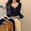American Retro Fake Two-piece Long-sleeved T-shirt for Women Early Autumn Design Stitching Button Slim Hot Girl Bottoming Shirt Top