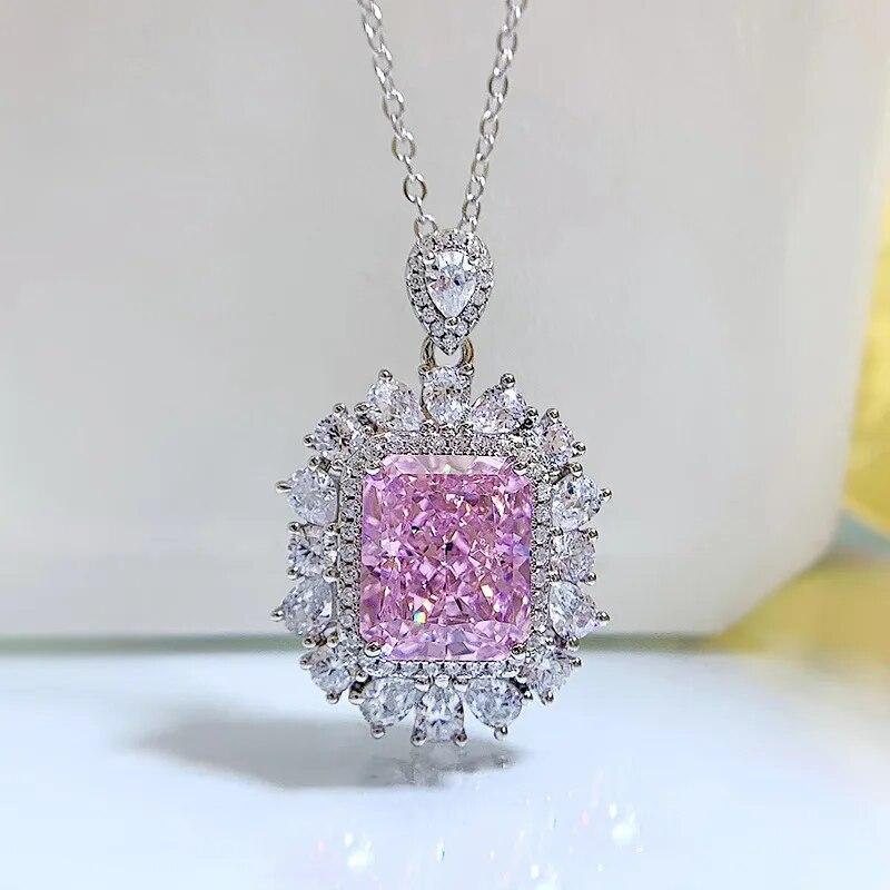 S925 100% Sterling Silver Necklace Radiant High Carbon Diamond 10*12mm Pendant Pink Gemstone Wedding Engagement Jewelry