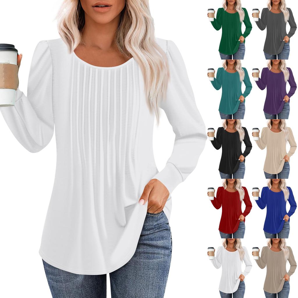Long Sleeve Shirts For Women Tops Dressy Casual Blouses Pleated Scooped Neck Tunic Tops