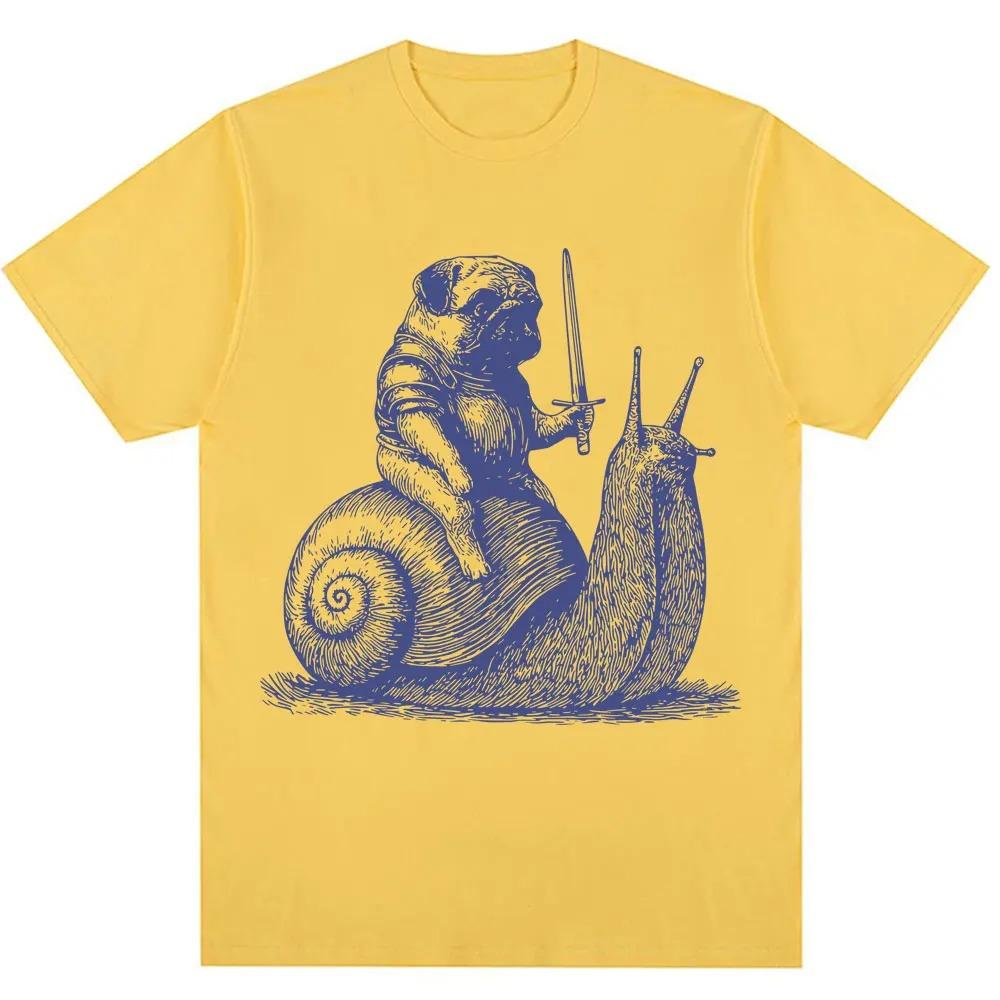 Funny Medieval Pug Knight Riding Snail Meme Graphic TShirt Unisex 90s Vintage Trendy Oversized 100 Cotton Casual Tshirts