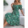 Spring and Summer Women's Floral Square Neck Short Sleeve Waist-slimming Ruffle A-line Dress