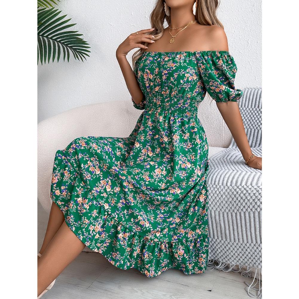 Spring and Summer Women's Floral Square Neck Short Sleeve Waist-slimming Ruffle A-line Dress