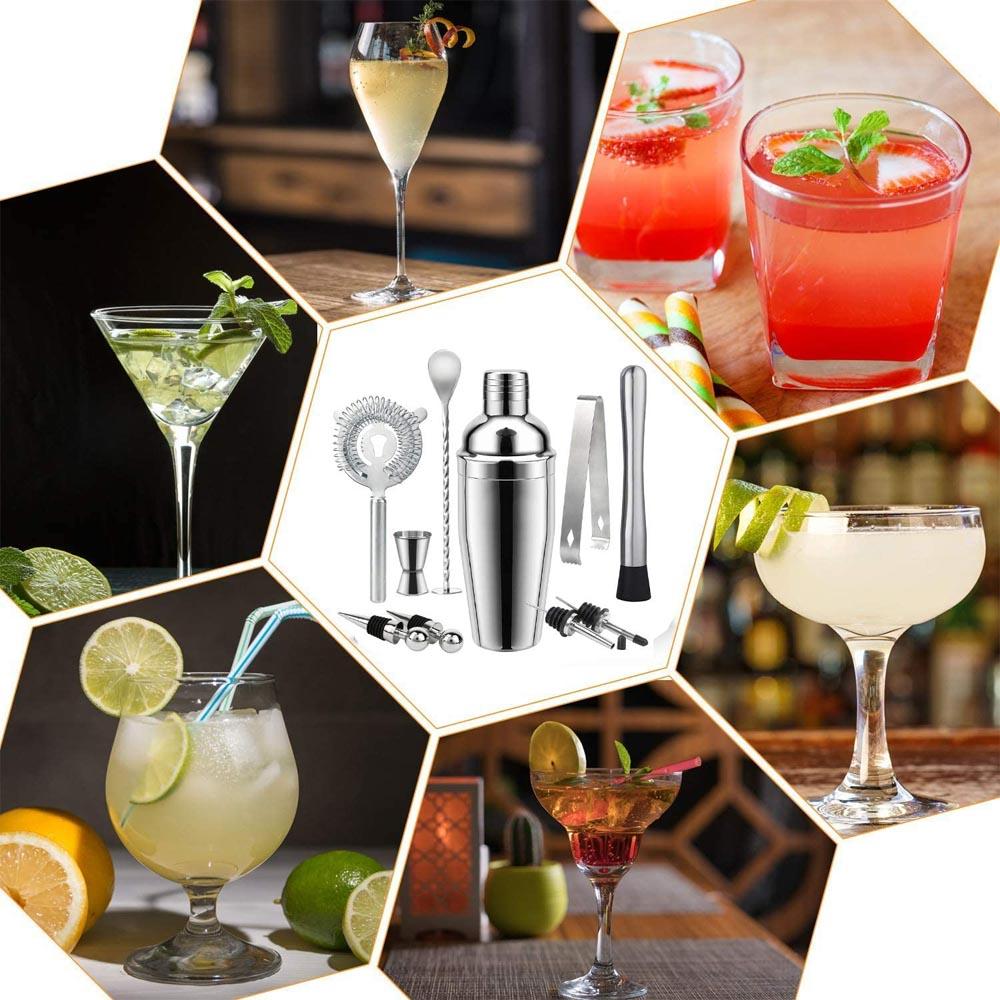 Top Seller Camol Brand 10-Piece Stainless Steel Silver 750ml LFGB Certified Classic Cocktail Shaker Bar Tool Set Jigger Muddler